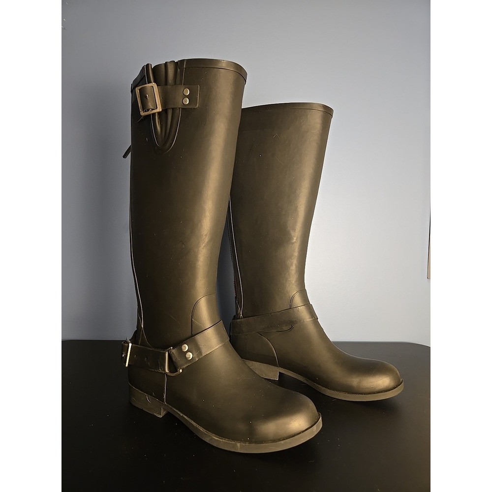 Steve‎ Madden Tsunami Riding Style Waterproof Rubber Rain Black Red Boots Size 8